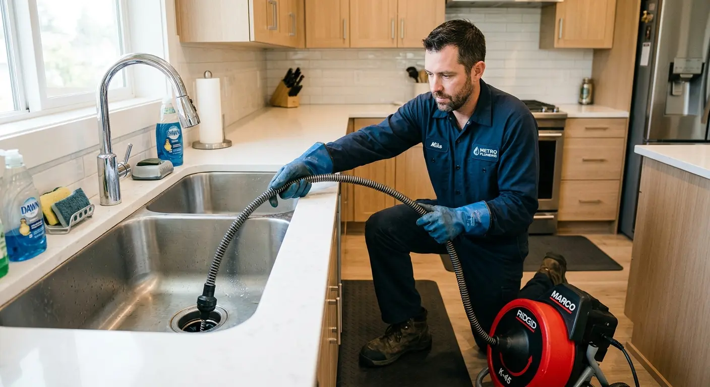 Drain cleaning technician using a motorized snake on a kitchen sink in Kimball