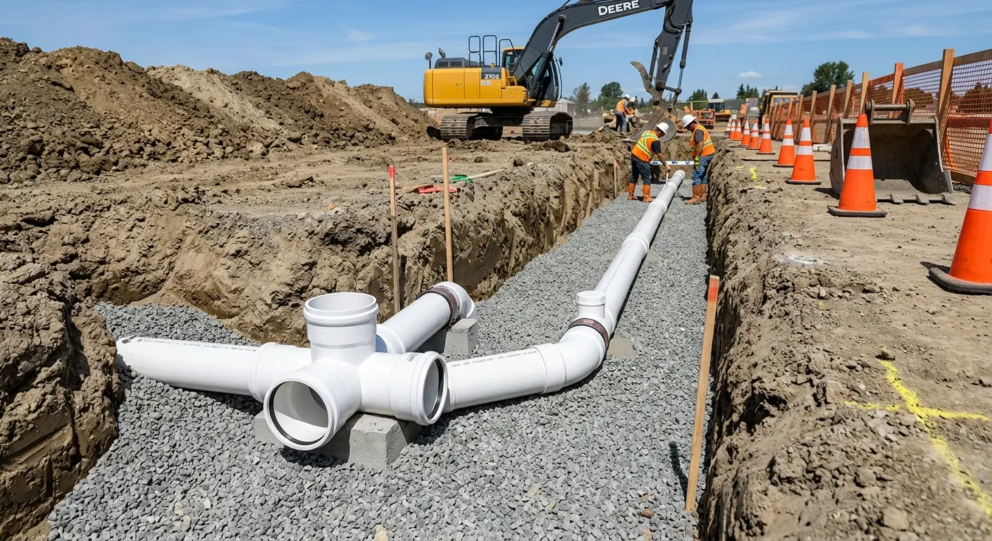 New PVC sewer pipe installation in open trench for Commercial Drain Cleaning in Kimball