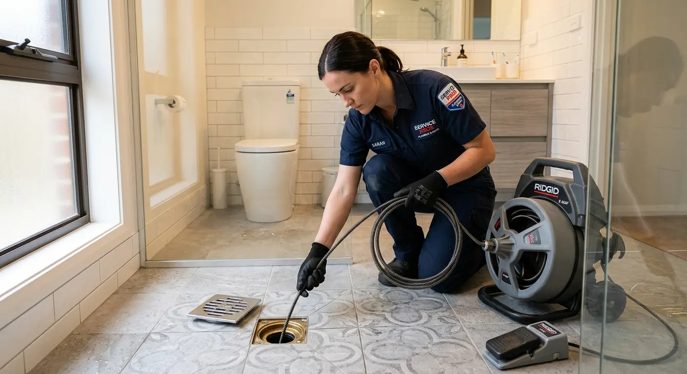 Technician clearing a bathroom floor drain for Clogged Drain Repair in Kimball